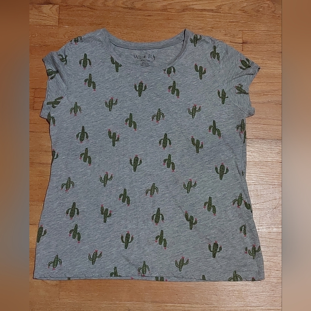 Women's Wound Up Cactus Tee T Shirt Top Saguaro Pink Flower Gray Green Size 2XL